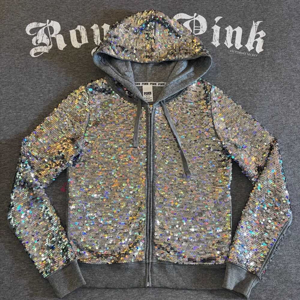 Rare VS PINK 2013 Fashion Show Holographic Full Sequin Bling Zip Hoodie MD